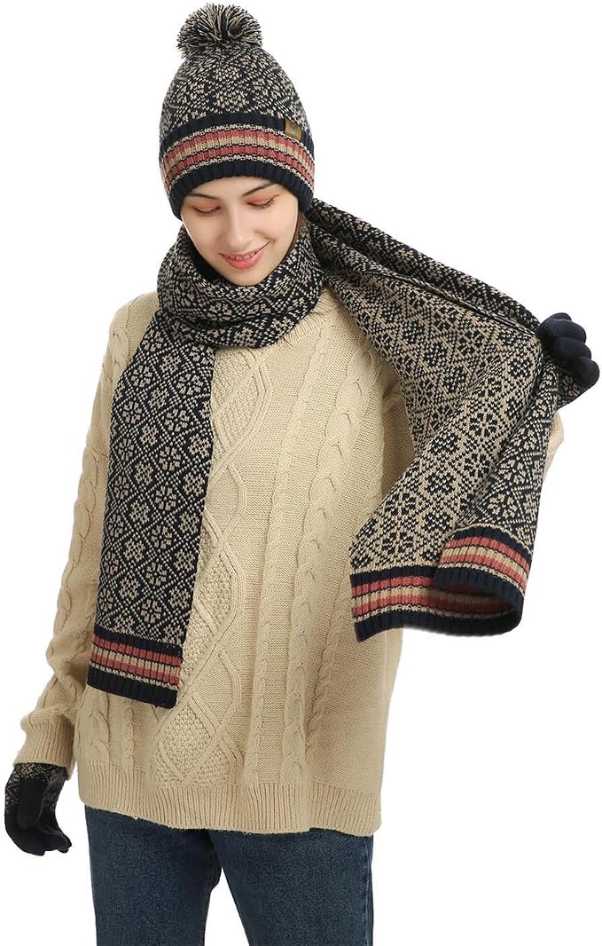 Cappello sciarpa guanti set per donna uomo inverno morbido cappello  lavorato a maglia sciarpa lunga berretto e guanti touch screen modello  fiocco di neve 3 pezzi accessori invernali unisex blu scuro :