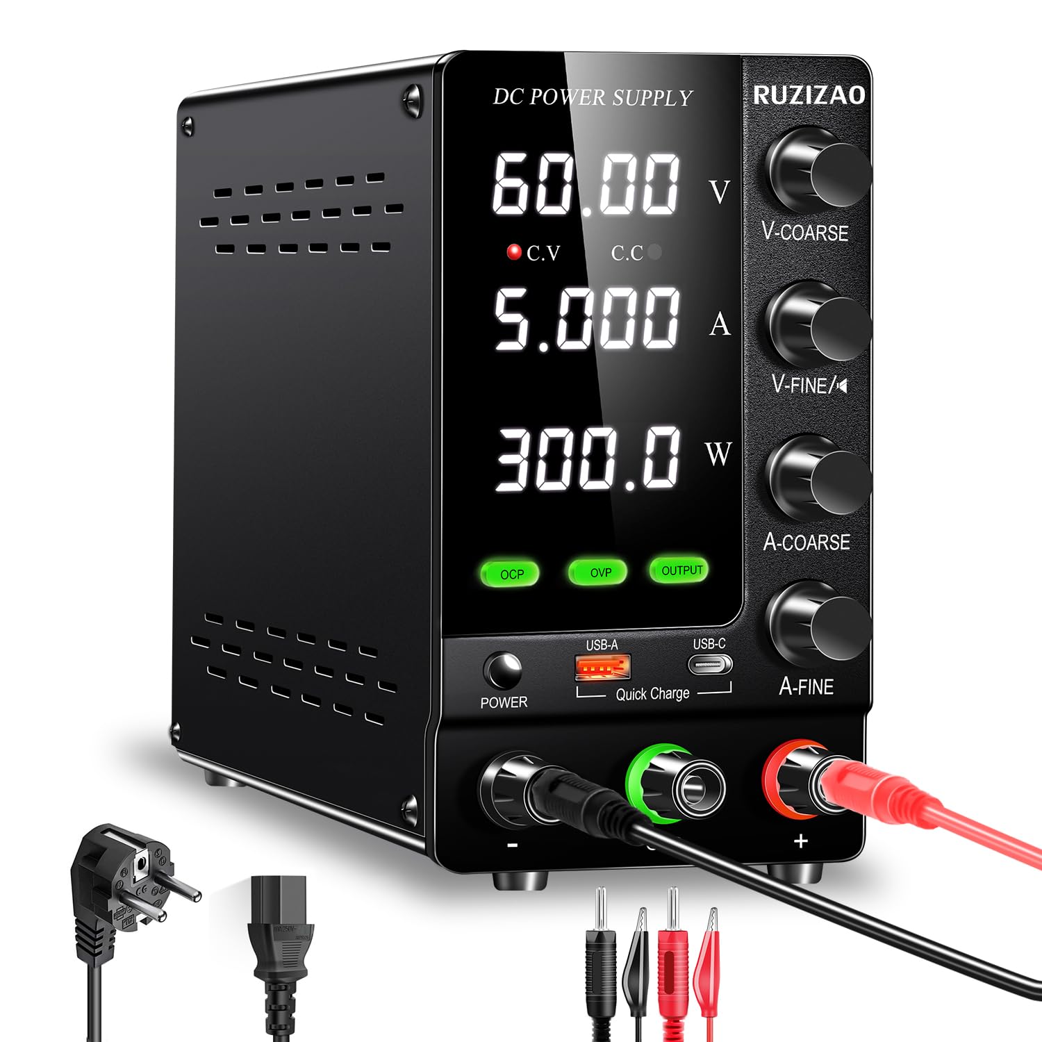Alimentation de Laboratoire 60V 5A Alimentation Stabilisée Réglable avec OCP/OVP/Interrupteur de Sortie/Encodeurs de Précision, Alimentation de Banc de Laboratoire avec 18W USB Charge Rapide