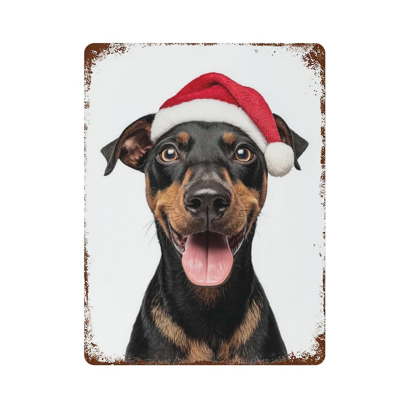 Vintage Rust Metal Sign with German Pinscher Dog with Santa Hat Portrait Design 15.7"x11.8", for Patio, Garden Room And Bar Decor, Old School Wall Decor