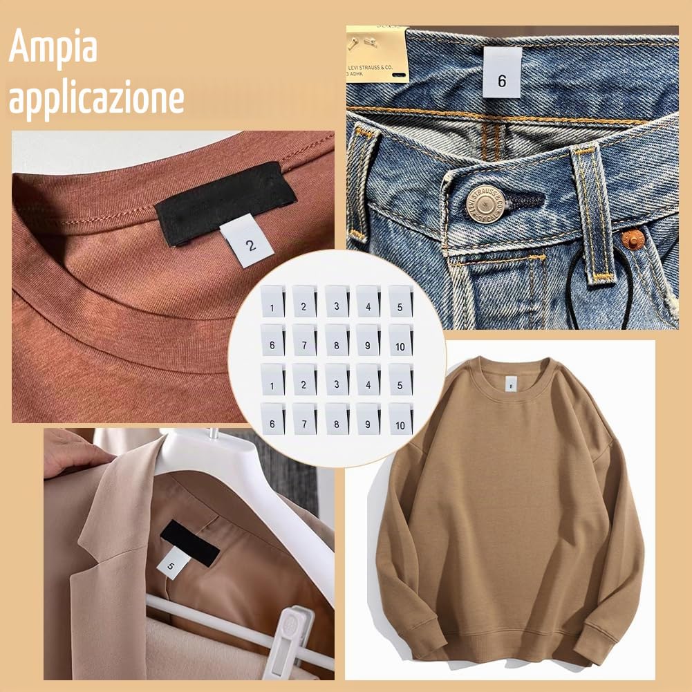 BENECREAT 400 etichette in poliestere per vestiti, 10 stili, colore bianco, accessori per abbigliamento, etichette da cucito per abiti, tute, camicie, camicette o tovaglioli, numeri da 1 a 10