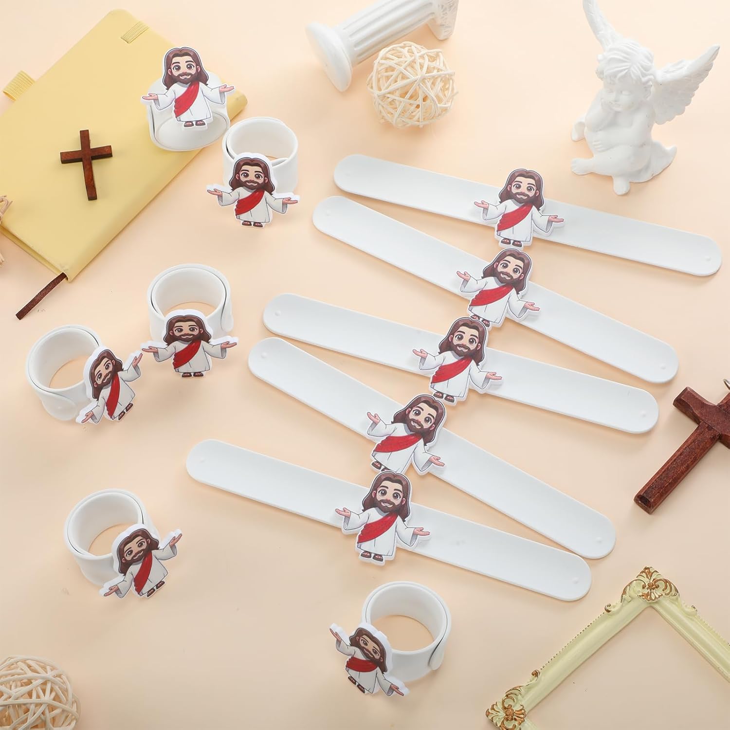 Vinsot 24 Pack Valentine's Day Jesus Slap Bracelets Bulk with Mini Jesus Figures for Kids Christian Party Favors Silicone Religious Snap Bracelets Wristbands for Classroom Prizes Birthday Gifts Sunday