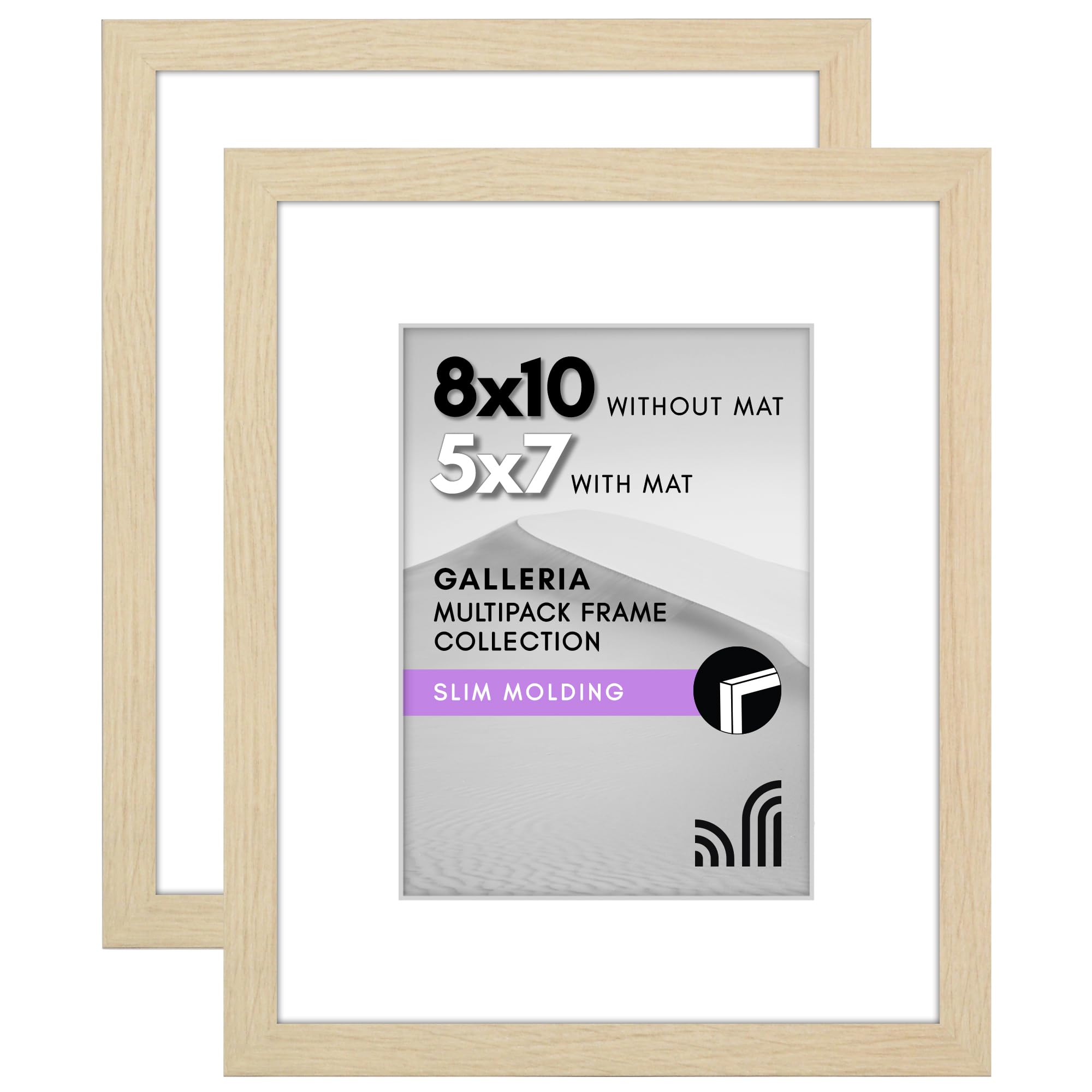 Americanflat 8x10 Picture Frame with Plexiglass - Set of 2 - Use as 5x7 Frame with Mat or Display 8x10 Photo Without Mat - Galleria Collection - Picture Frames for Tabletop or Wall - Natural Oak