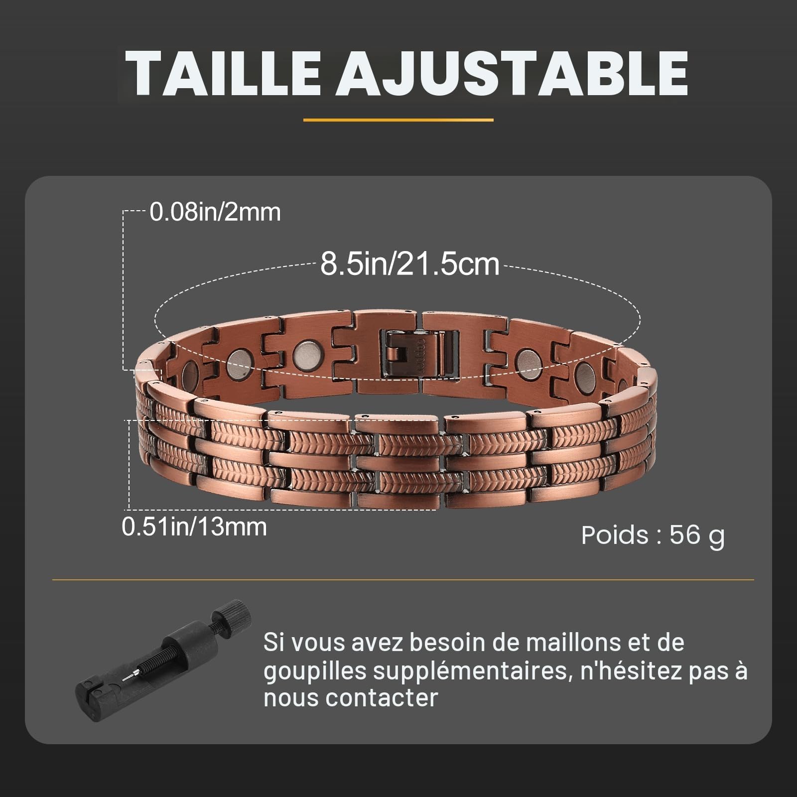 BioMag Bracelet magnétique en cuivre pour homme, 21,8 cm réglable