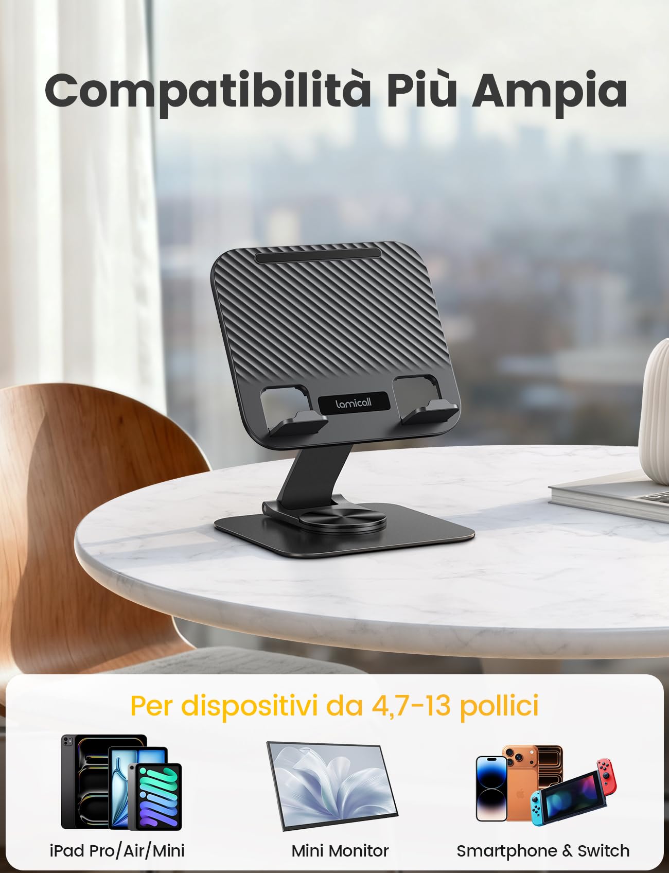 Lamicall Supporto per Tablet, Porta Tablet da Tavolo - [Base Metallo Girevole 360°] Supporto per iPad Regolabile, Porta Pieghevole per iPad Pro, Air, Mini, Samsung, iPhone, Altri Dispositivi 4,7-13"