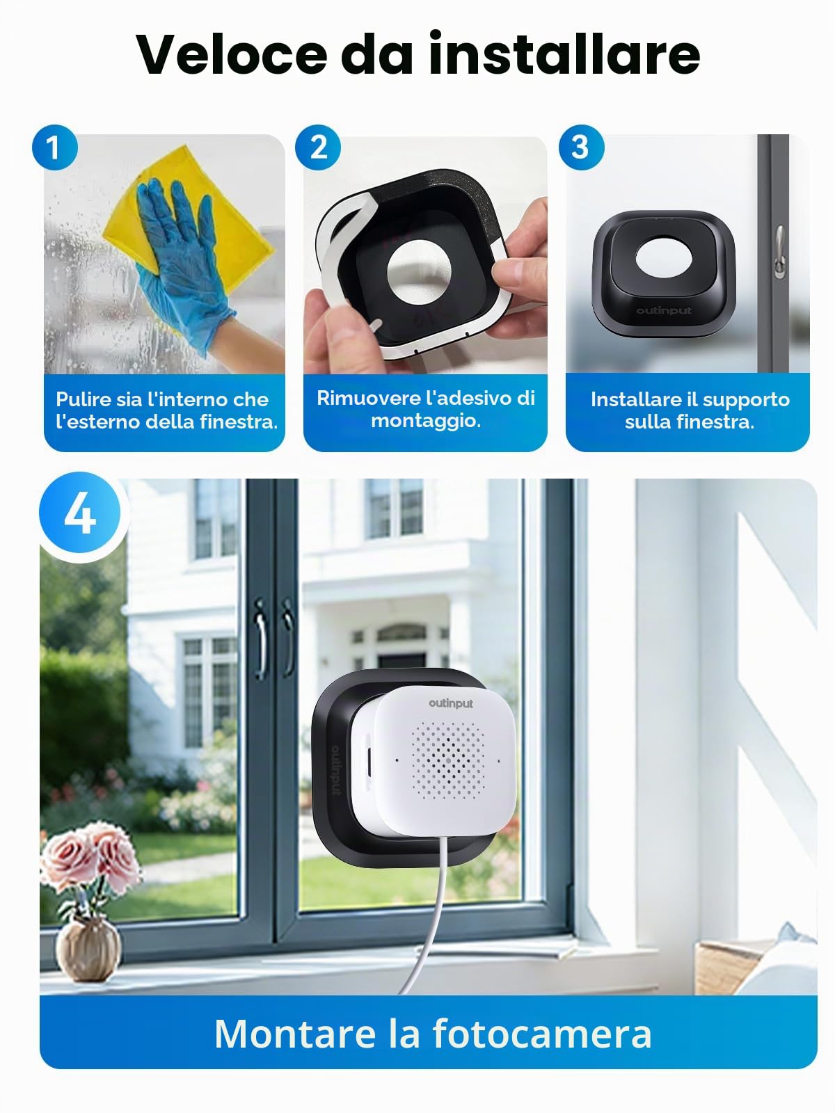 Outinput 3MP 2K Telecamera per Finestra, Telecamera di Sorveglianza 2.4G&5GHz con Supporto a Angolo di Visuale Regolabile, Visione Notturna a Colori con AI, Rilevamento e Movimento, Anti-Riflesso