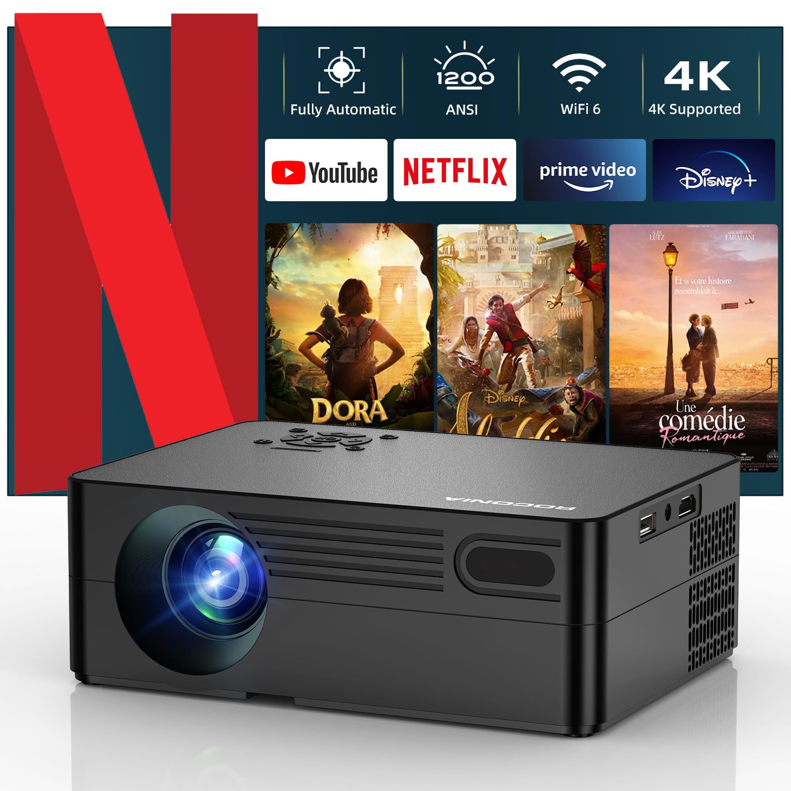 Compatible with Netflix Built-in Apps Smart Projector with WiFi and Bluetooth AI Auto Focus Keystone Portable Movie Projector