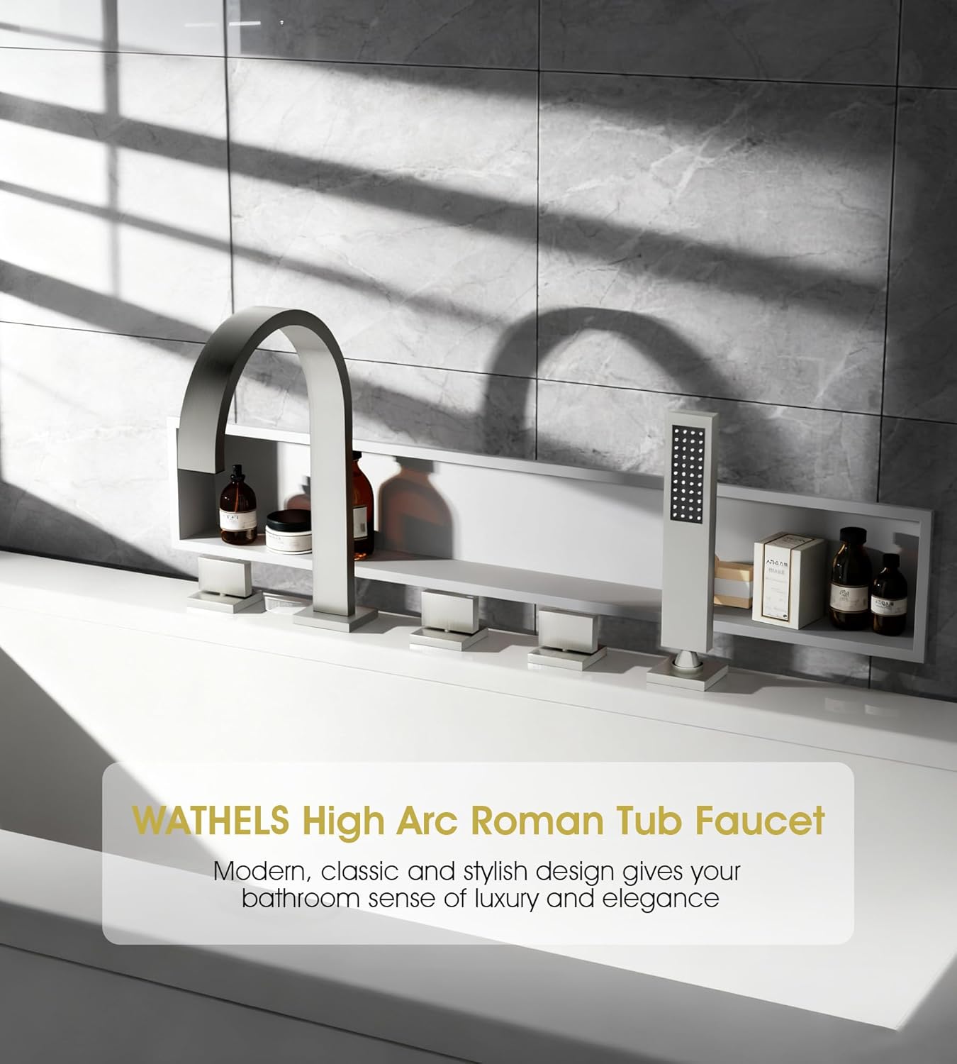 Roman Bathtub Faucet Set with Handheld Sprayer and Rough-in Valve Widespread Deck Mount 5 Hole Classic High Arch Tub Faucets Trim Kit 3 Handle with Diverter Lever Bath Tub Filler (Brushed nickel)