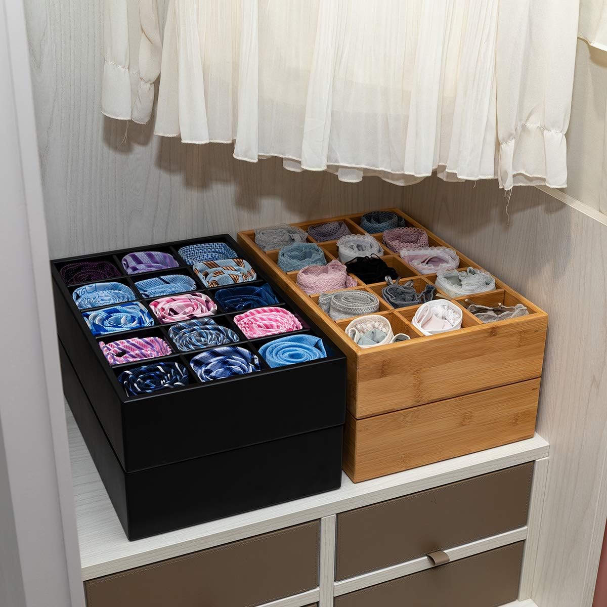 GOBAM Bamboo Closet Drawer Organizer, 15 Compartments - Drawer Divider & Storage Box for Ties, Bras, Briefs, Socks & Jewelry - Storage Organizer for Dressing Room & Bedroom - Black