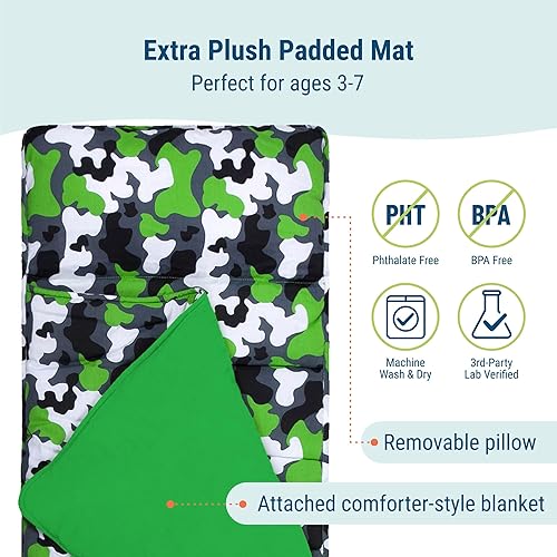 Miniatura 3 de Wildkin Tapete original para siesta para niños, acogedor tapete para dormir con almohada, ideal para la escuela y los viajes, color verde camuflaje