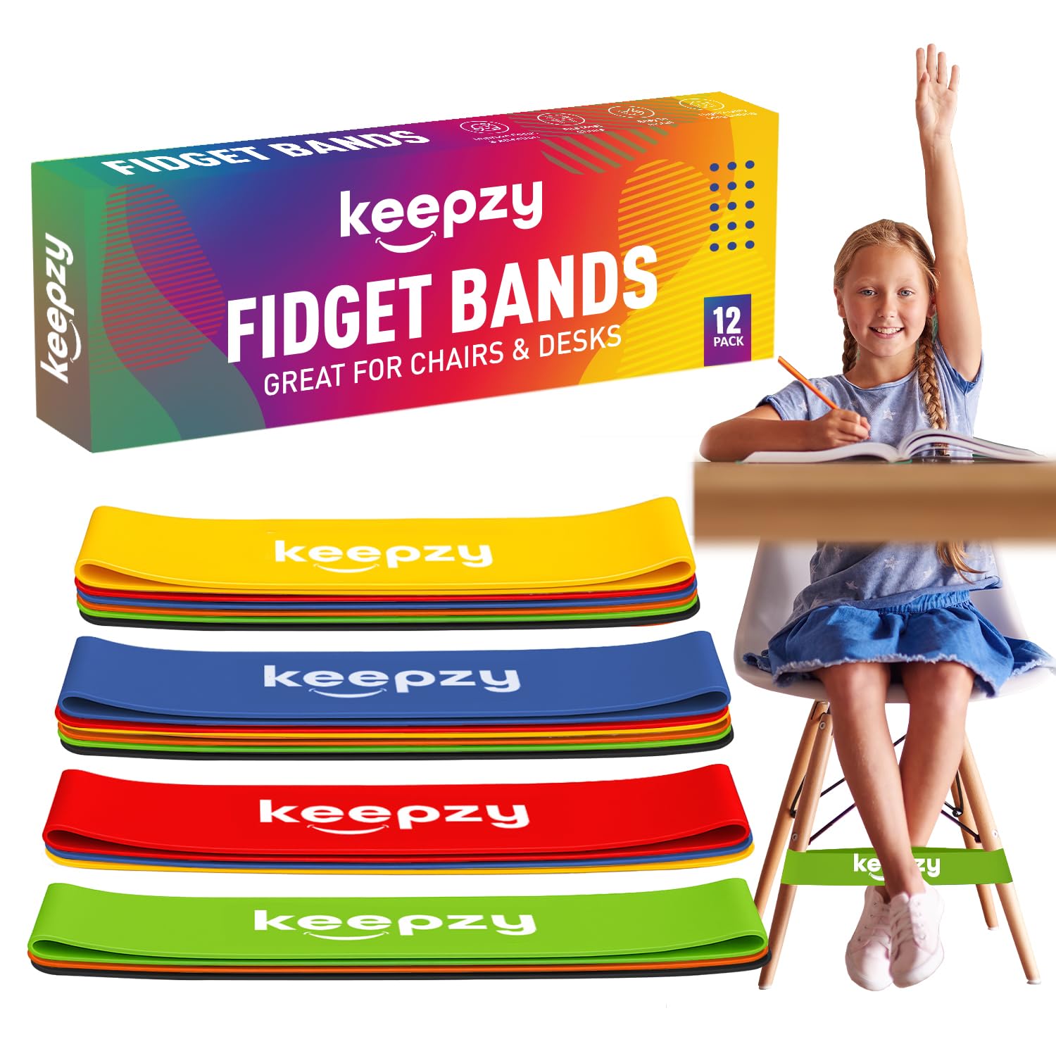 Chair Bands for Kids with Fidgety Feet,12 Pack Anti Slip Feature Chair Elastic Bands for Kids, Fidget Bands for Classroom Chairs, Bounce Bands, Friendly & Durable Latex
