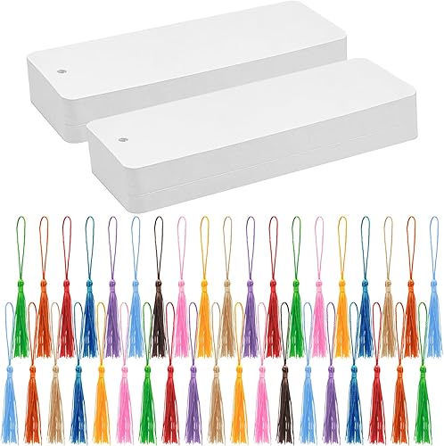 Juego de 100 marcadores en blanco con borlas coloridas, marcadores de cartulina blanca a granel, marcadores de libros de papel para manualidades