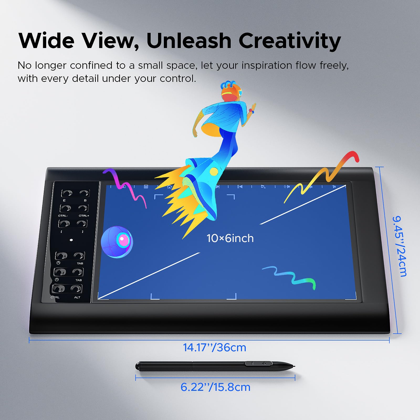 Tableta gráfica digital de 10 x 6 pulgadas con lápiz capacitivo sin batería, 12 teclas de acceso rápido, compatible con Windows, Mac, Android para artistas, diseñadores, enseñanza en línea
