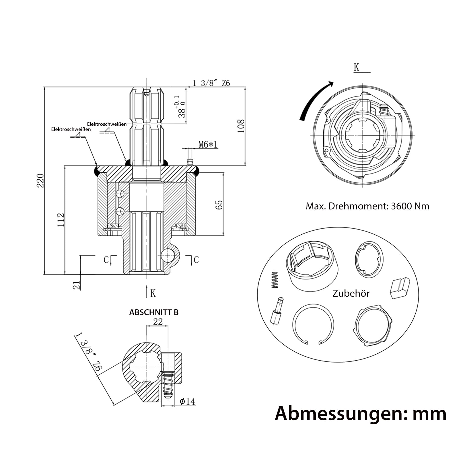 Zapfwellen Freilaufkupplung 220mm, 1 3/8" AG IG mit 6 Zahn, max. 3600Nm, Vielkeilwelle Sicherheitskupplung Kupplung für Gelenkwelle