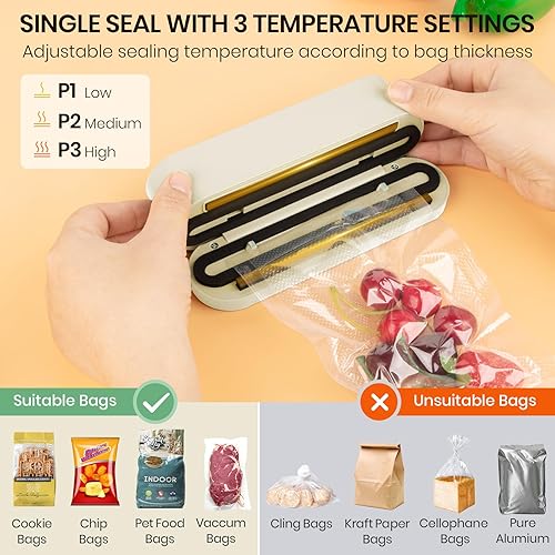Miniatura 4 de Mini sellador al vacío para alimentos, sellador de alimentos recargable inalámbrico 3 en 1 para almacenamiento de alimentos secoshúmedos con 4