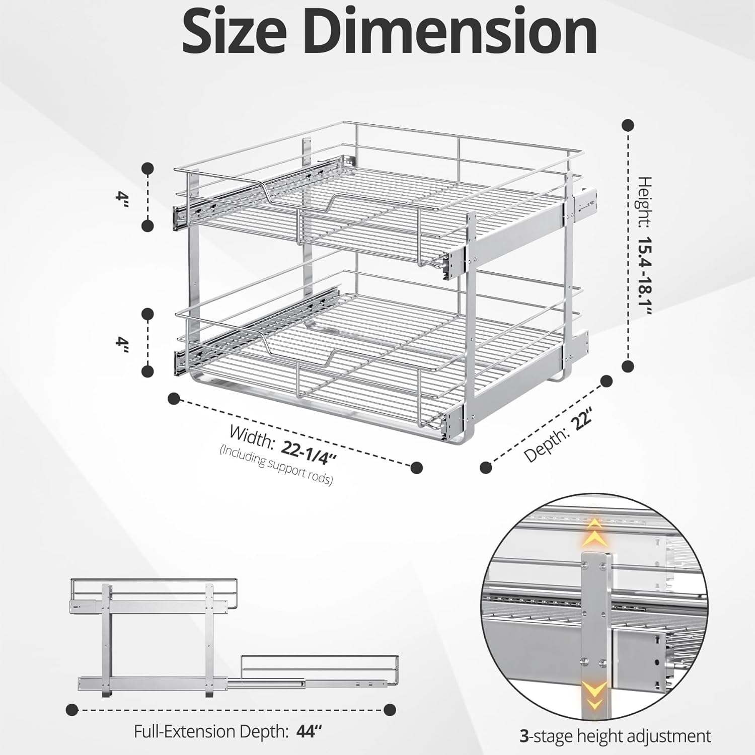 ZOINLIY Pull Out Cabinet Organizer, Versatile Slide Out Kitchen Organizers and Storage,Heavy Duty Drawer Cupboard Storage Basket, Smooth Sliding, Chrome Finish (2-Tiers-22¼''W×22“D)