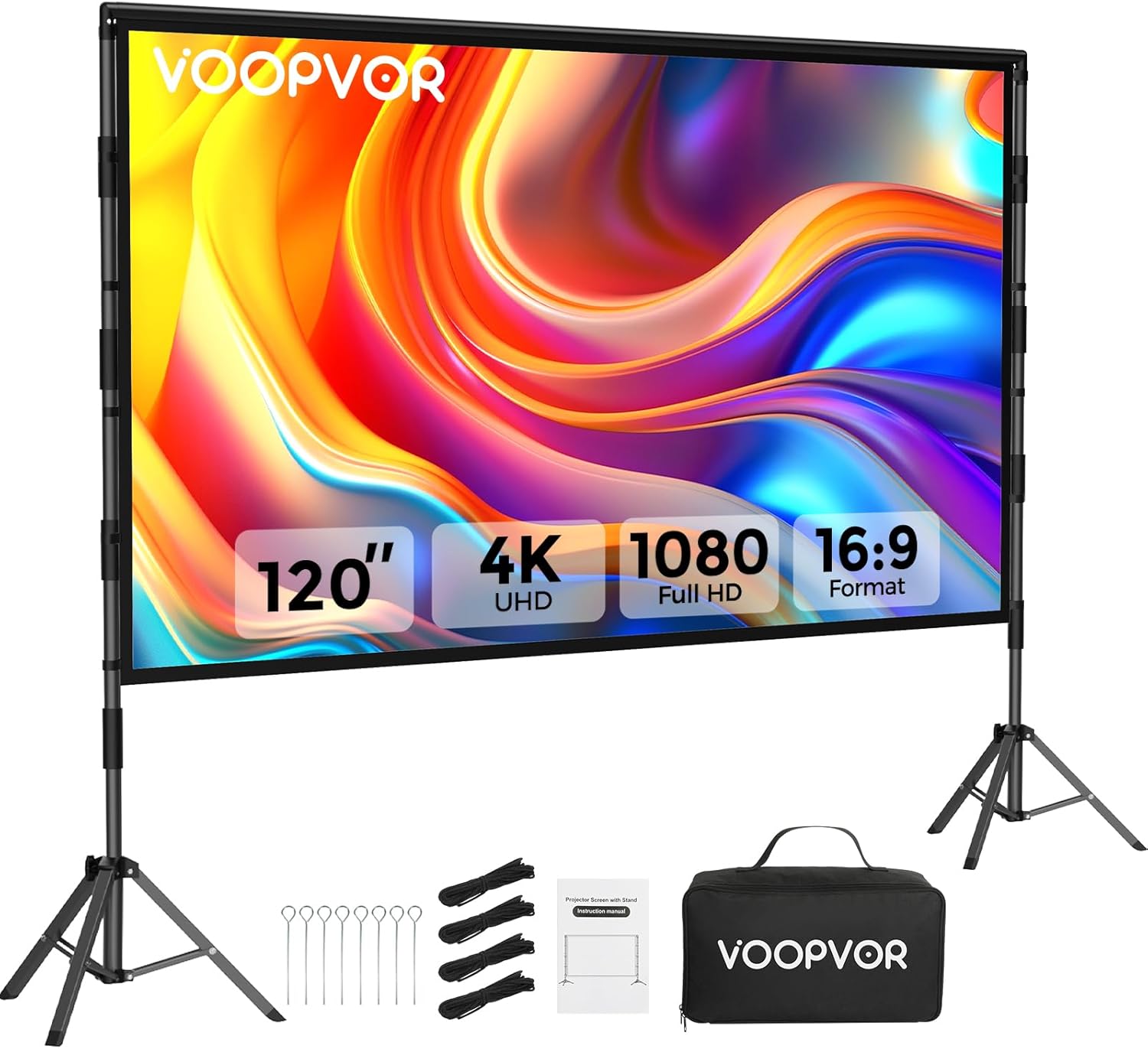 Outdoor Projector Screen with Stand: VOOPVOR 120 inch Portable Projector Screen Indoor - Upgraded Movie Screen 16:9 4K HD - Wrinkle-Free Lightweight Projection Screen with Carry Bag for Backyard Night