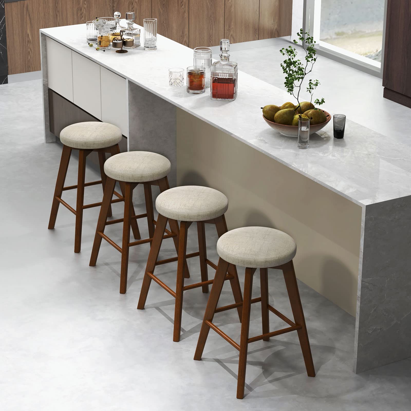 COSTWAY Bar Stools Set of 4, 26-inch Counter Height Swivel Bar Chairs w/Rubber Wood Legs, Linen Fabric Seat & Extra Footrest, Modern Backless Barstools for Kitchen, Pub, Dining, Beige + Brown