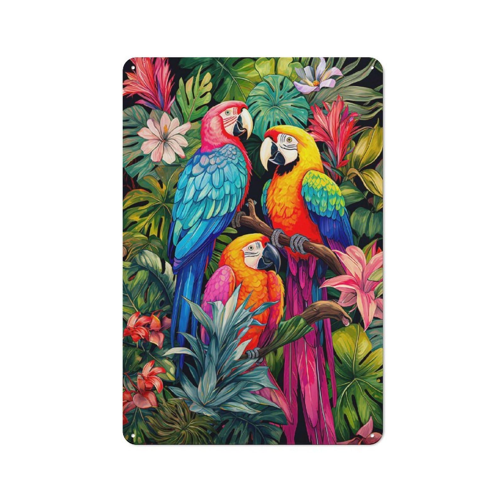 Junmoney Tropical Parrot Trio Shed Metal Sign With Design 30X20cm, Outdoor Room Shed Wall Decor For Greenhouse, Garden Room, Cafe Or Entryway