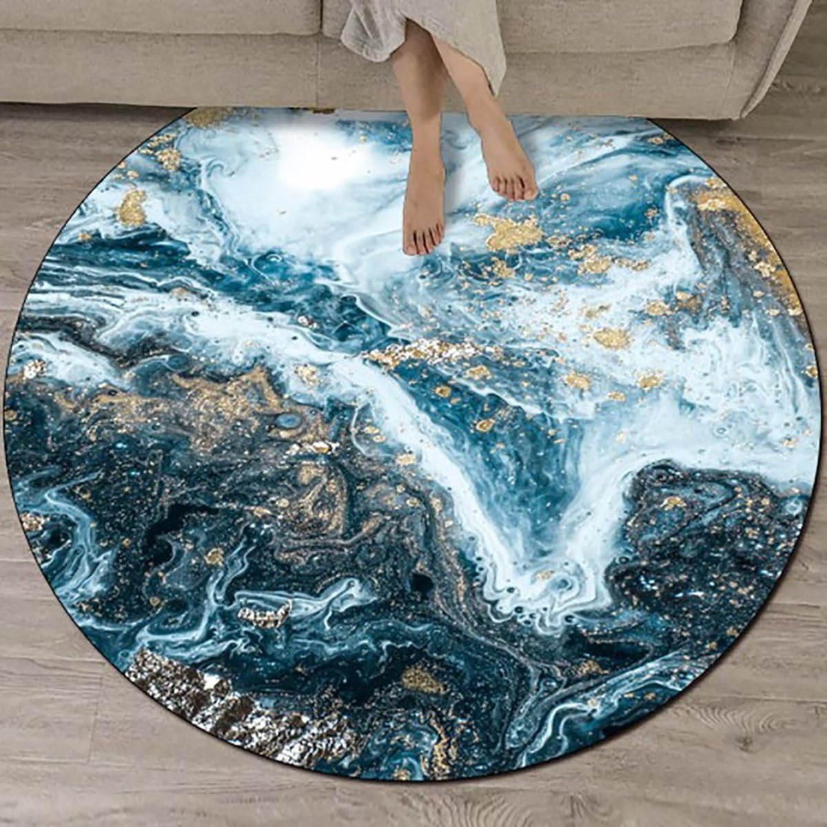Small Circle Rug for Bedroom 2ft Blue Marble Circle Area Rug Ocean Waves Throw Rugs Non-Slip Modern Abstract Round Rug for Bathroom Soft Floor Mats
