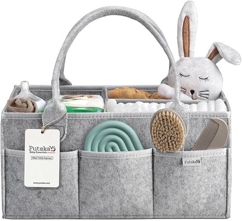 PUTSKA Nursery Storage Basket - Baby Diaper Caddy Organizer for Diaper Station, Newborn Essentials, Baby Shower Gifts and Registry Must-Haves for Boy or Girl