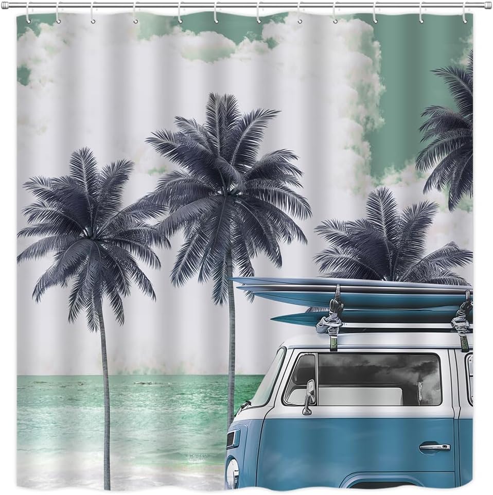 Tour Bus Shower Curtain Surfboard Tropical Palm Tree Retro Blue Camping RV Summer Surf Beach Coastal Vacation Men Boys Polyester Curtains Bathroom Decor with Hooks 78" Wx70 H