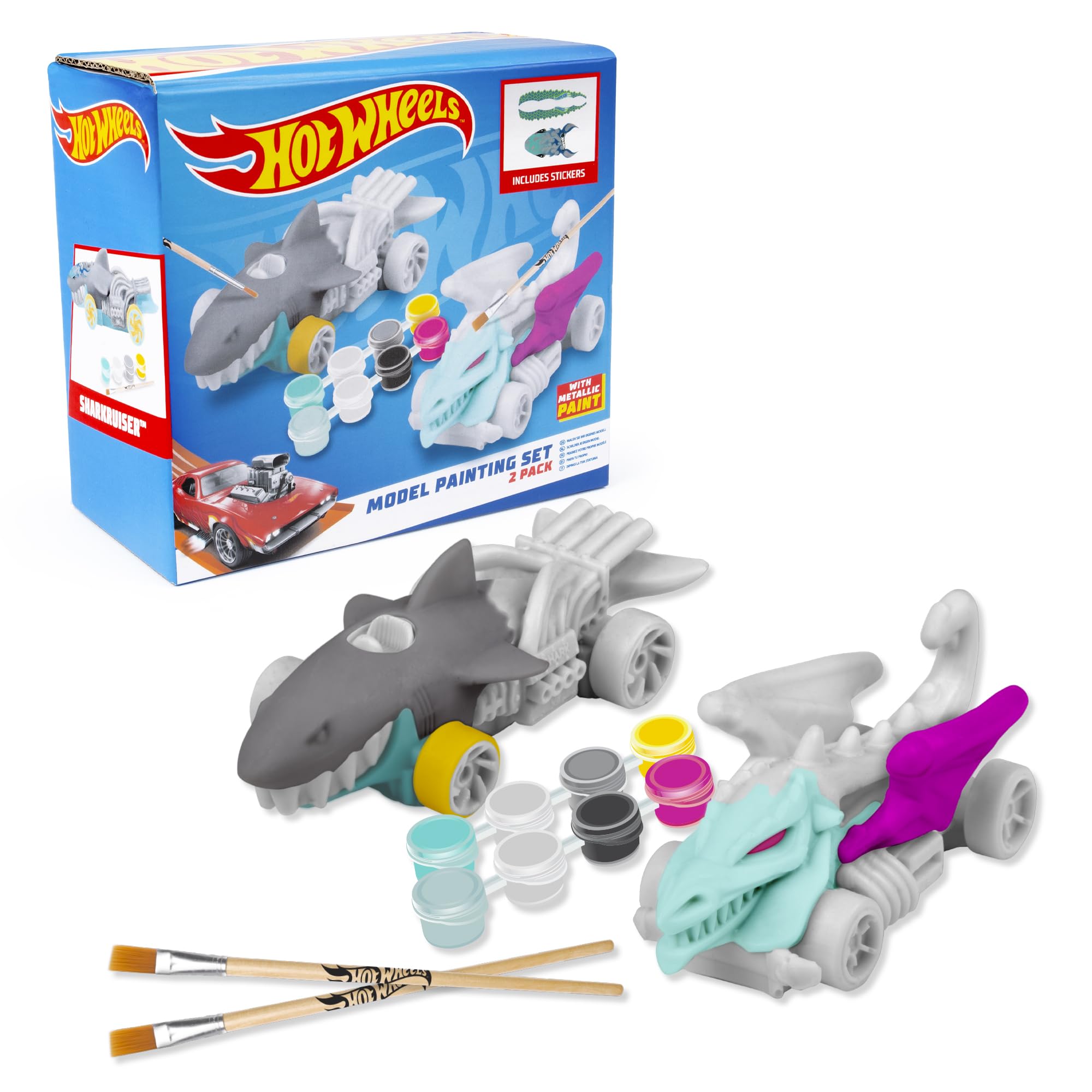 abeecHot Wheels Model Painting Set – Dragon Blaster & Sharkruiser – 2 Models, 8 Paints Including Metallic, Brushes & Stickers – Ages 3+