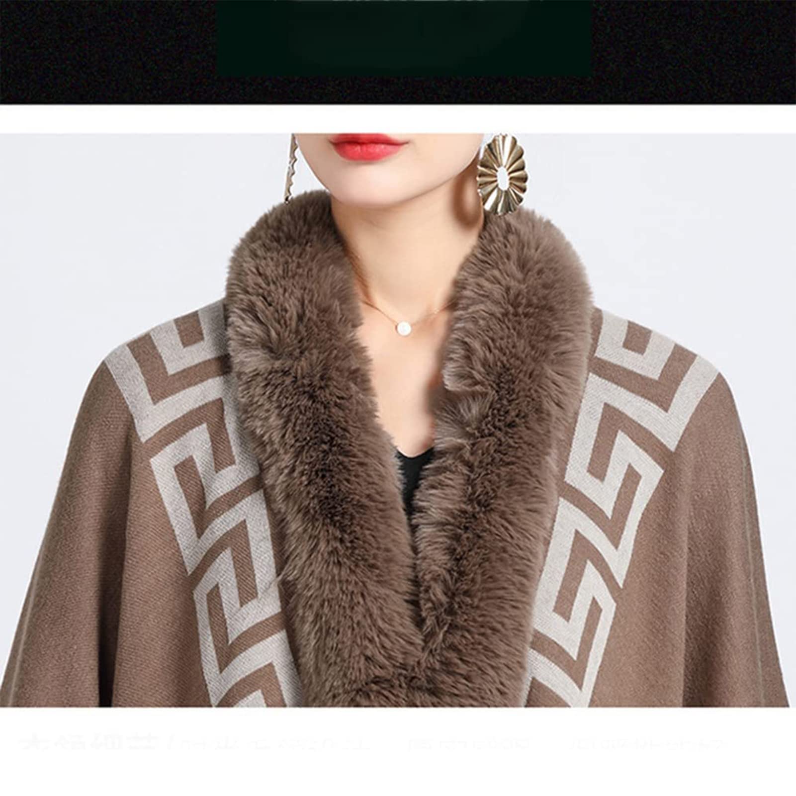 Autunno Inverno Donne Fine Knit Sciarpa Collare Capo Cardigan con Faux Fur Trim Layers Poncho, Faux Rabbit Fur Capo Wrap Scialle Cappotto di Lana