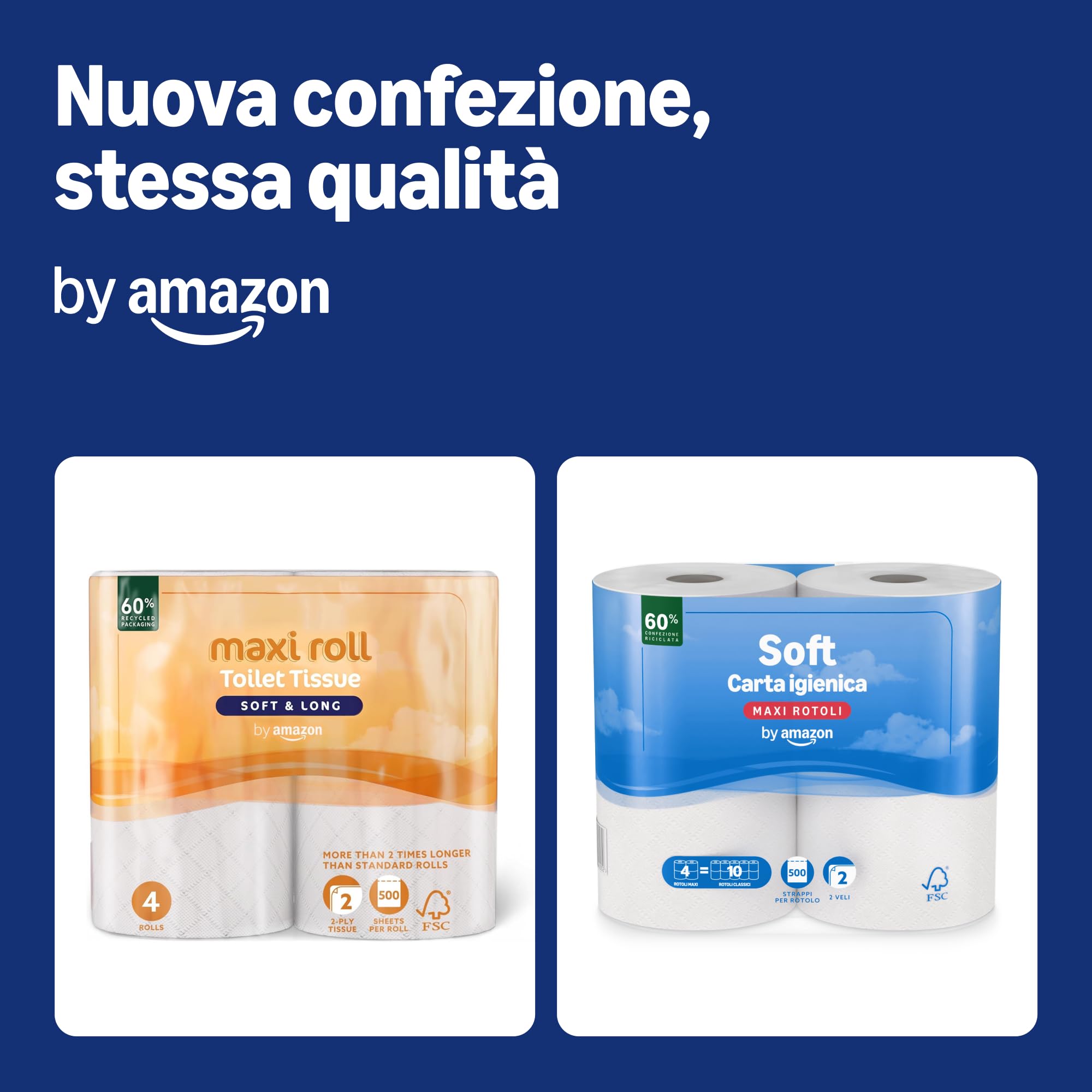 by Amazon - Carta igienica (maxi rotolo), 2 veli, trapuntata, morbida e delicata, 4 rotoli (1 confezione da 4), 500 strappi per rotolo, certificata FSC