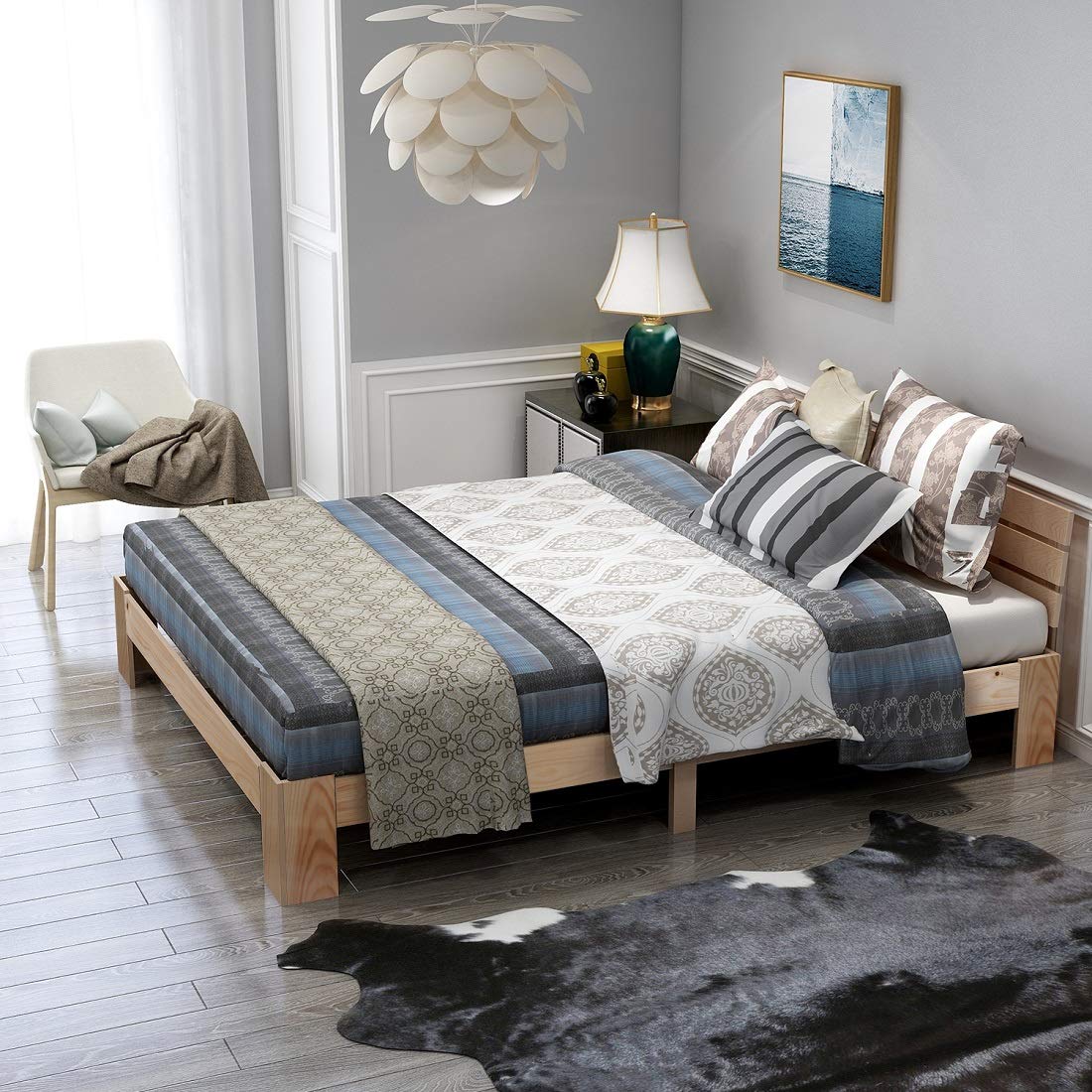 Cama de matrimonio de madera maciza de 200 x 140 cm con cabecero y somier de láminas de pino