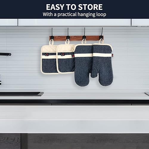 Miniatura 7 de Juego de guantes de horno y soportes para ollas, 4 piezas de guantes de horno de cocina resistentes al calor de 400 F para cocina, guantes de horno