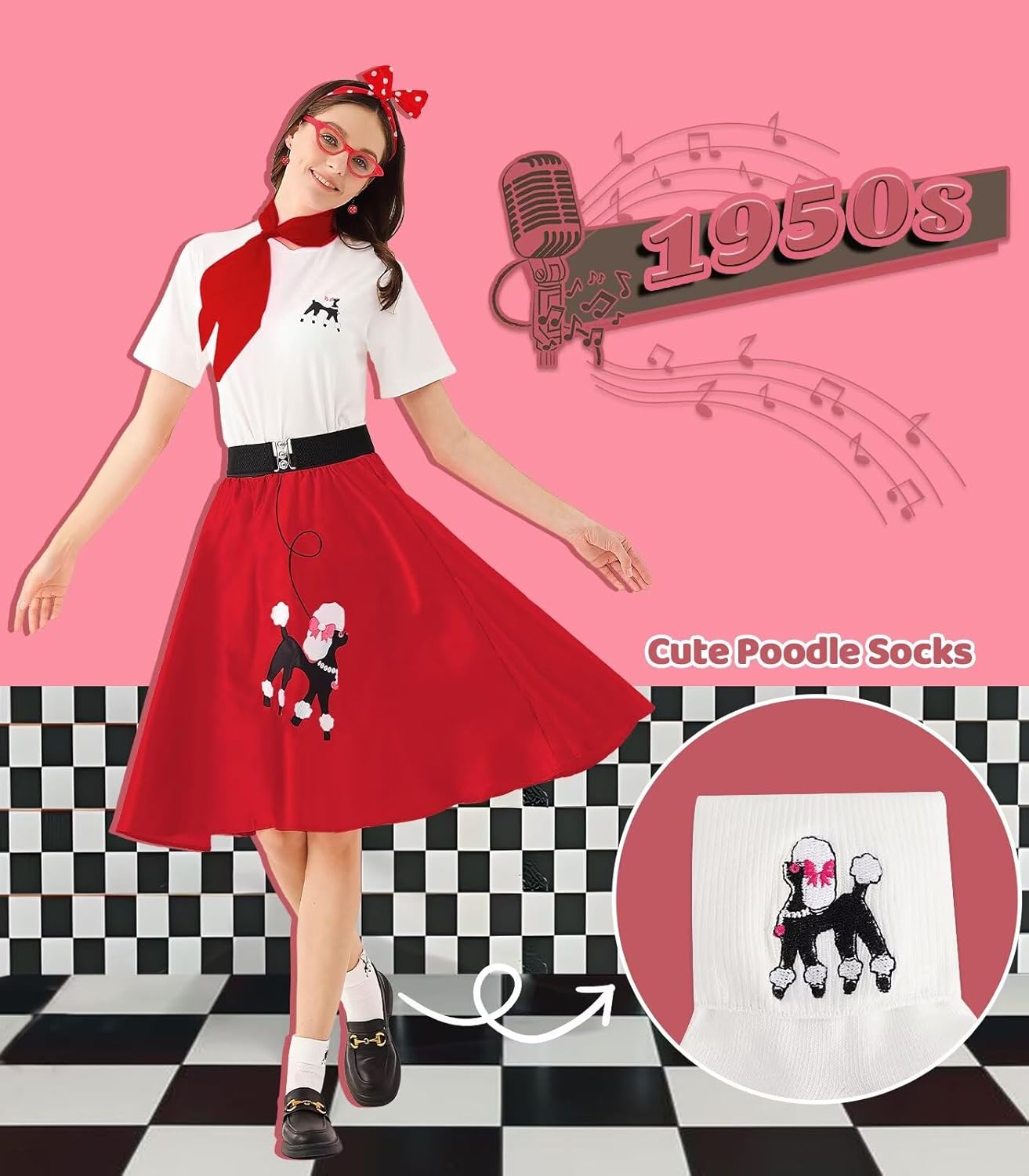 10Pcs Sock Hop Outfits Women, 1950s Poodle Skirts, T-Shirt with 50s Accessories Socks Scarf Headband Belt Earring - Image 4
