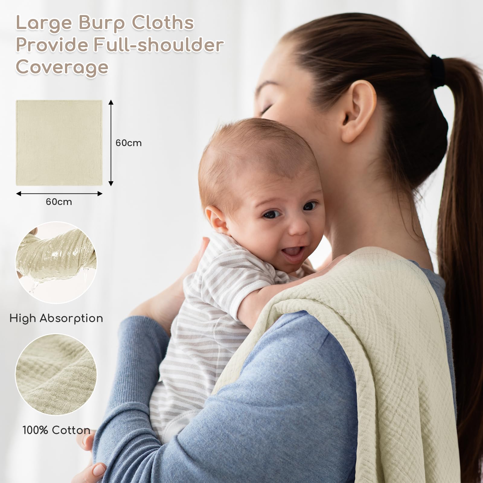 Yukkidds Muslin Cloths for Baby Large 60x60cm Burp Cloths for Newborn 100% Cotton Soft & Breathable Muslin Squares Baby Essentials for Boys Girls 5 Pack Beige&Brown - Image 4