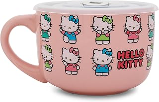 Silver Buffalo Sanrio Hello Kitty Expressions Ceramic Soup Mug Bowl With Vented Lid and Handle For Ice Cream, Cereal, Beverages | Holds 24 Ounces