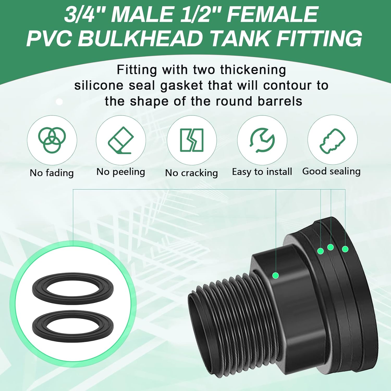 4 Pack PVC Bulkhead for Rain Barrels 3/4" Male 1/2" Female, Winspeed Double Threaded Bulkhead Water Tank Connector with Thick Silicone Seal Water Tank PVC Connector Adapter for Pools, Aquariums, Tub