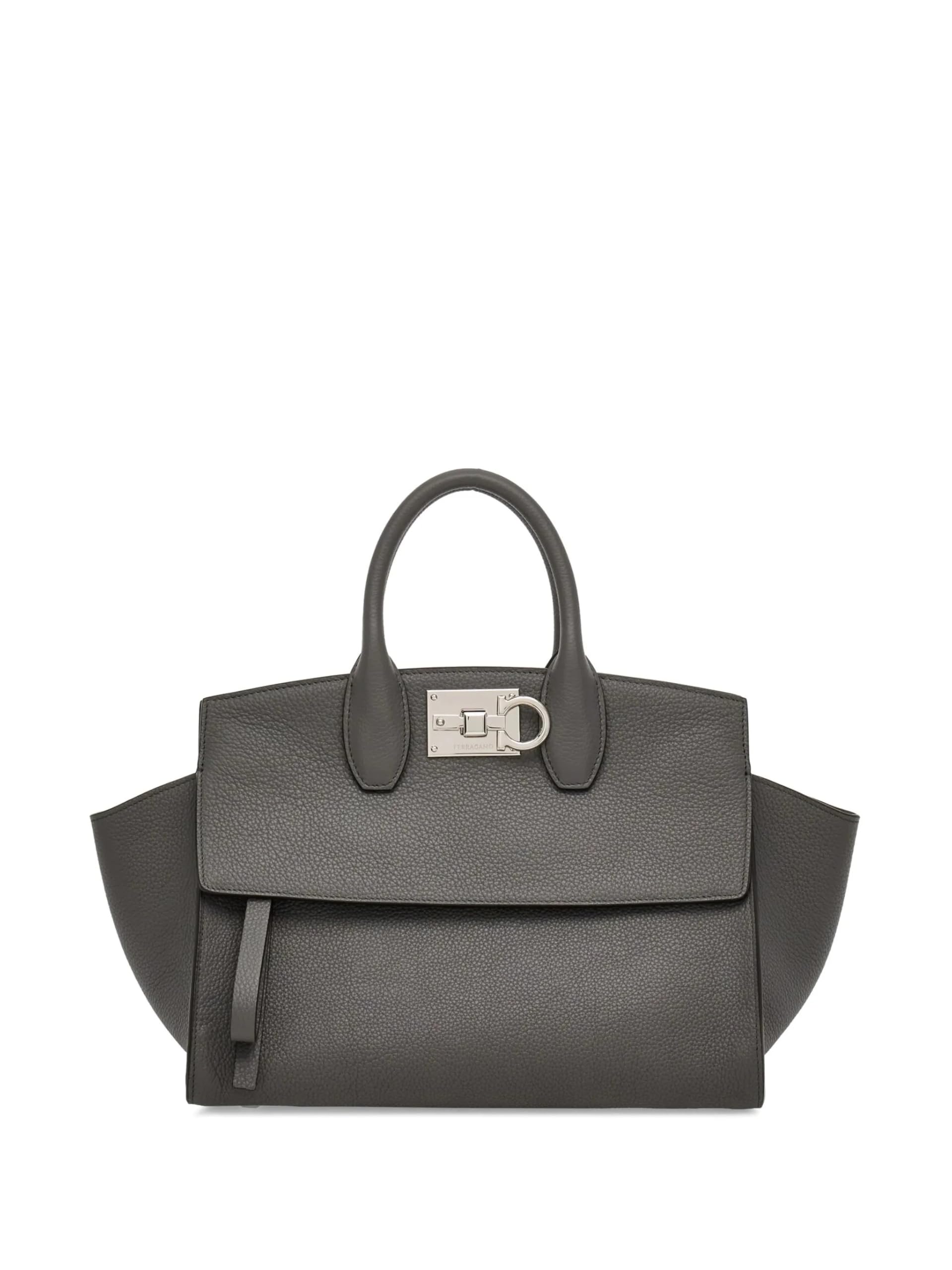 Salvatore Ferragamo Studio Logo-Plaque Tote Bag – Ash Grey Leather, Removable Pouch, Adjustable Strap, Made in Italy