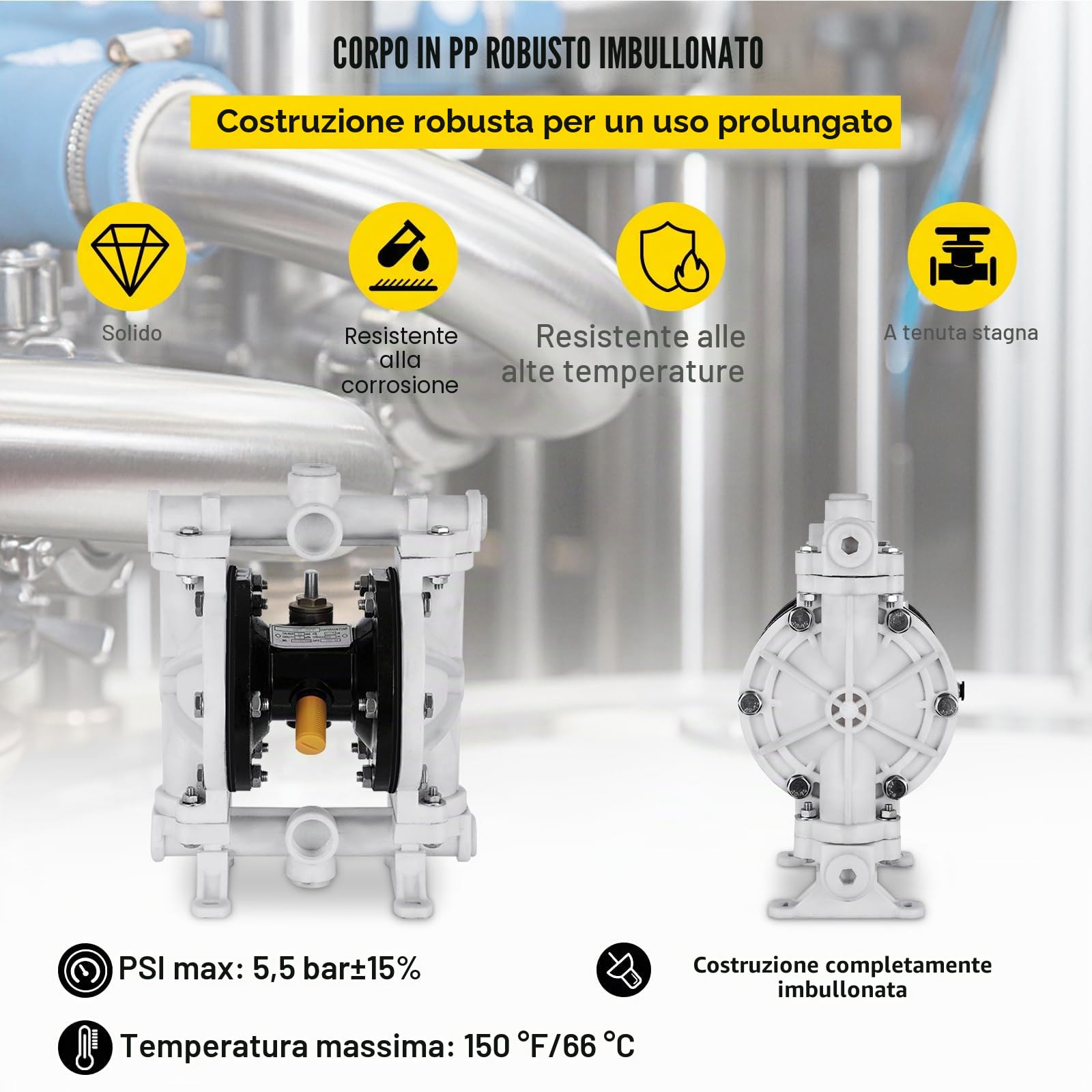 VEVOR Pompa pneumatica a doppia membrana, ingresso e uscita 12,7 mm, 13,2 GPM e max 120 psi, pompa di trasferimento pneumatica con membrana in PTFE per benzina, gasolio