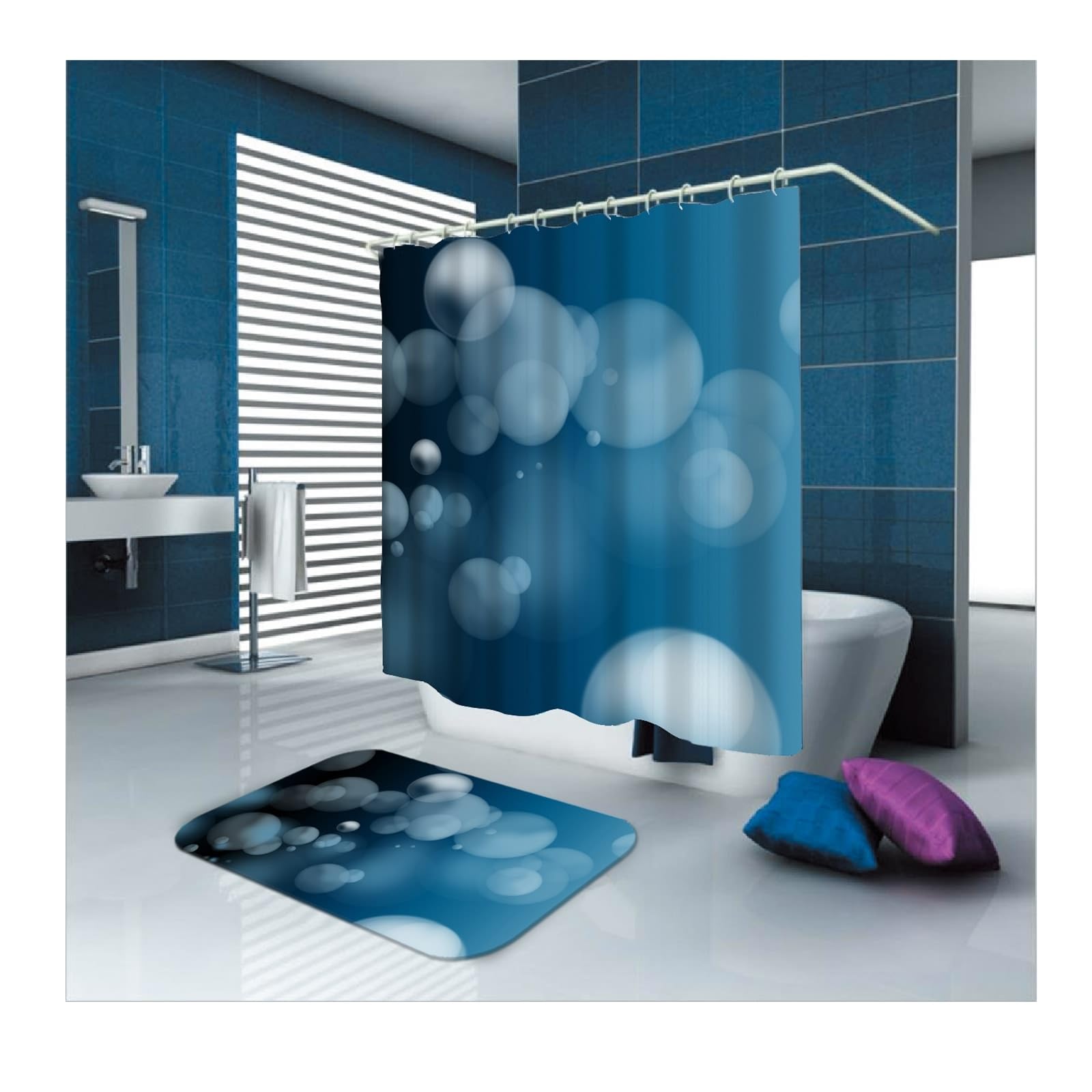 Cortina de ducha de 180 x 200 cm, textil azul oscuro, patrón de puntos de luz, resistente al agua, antimoho, cortina de baño, poliéster, lavable, cortina de baño, 1,8 x 2 m de largo (ancho x