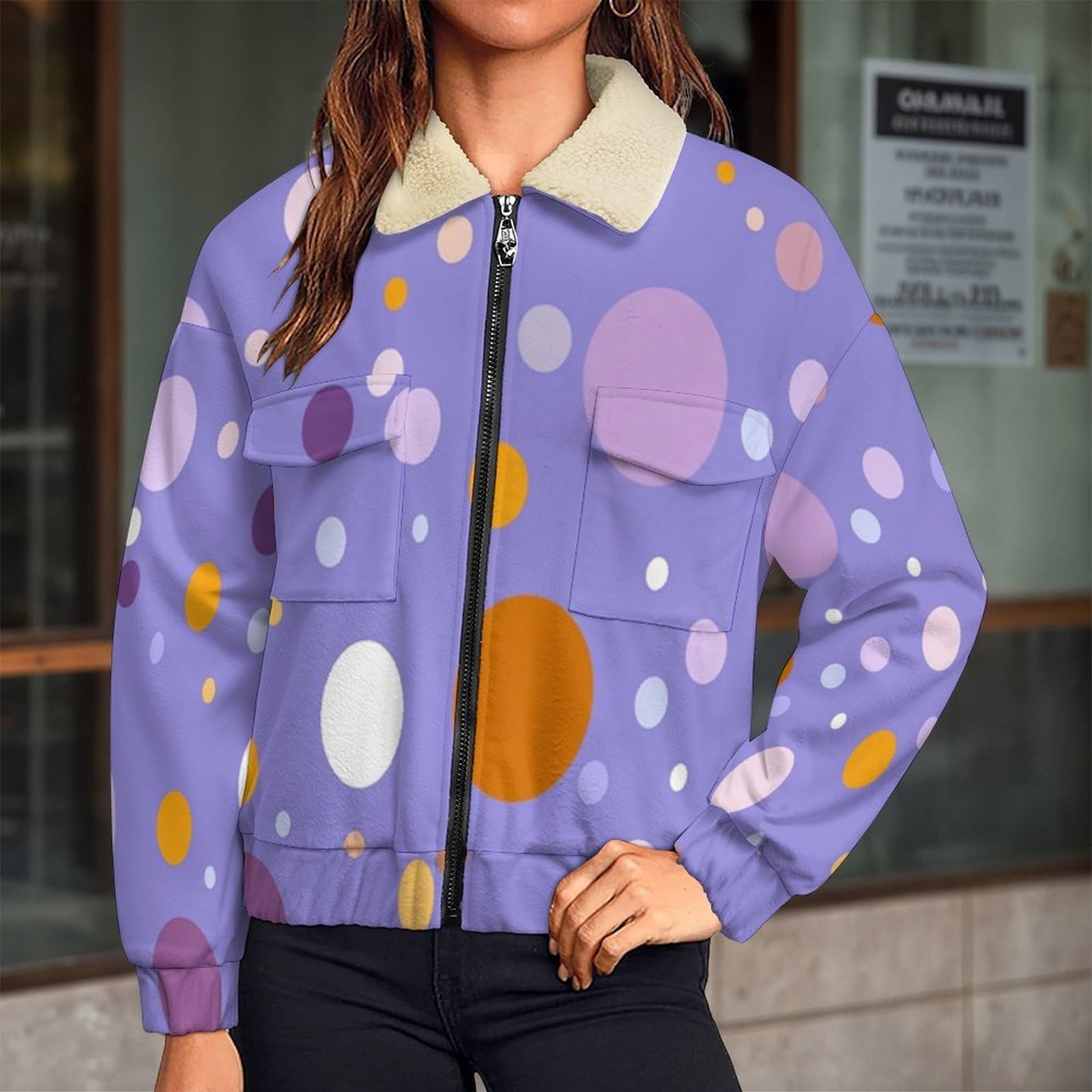 Giacca in Pile da Donna con Chiusura Lampo su Tutta la Lunghezza, Colletto Revers, Cappotto Cerchio Polka Calda Invernale con Tasche, per Escursioni e Tempo Libero