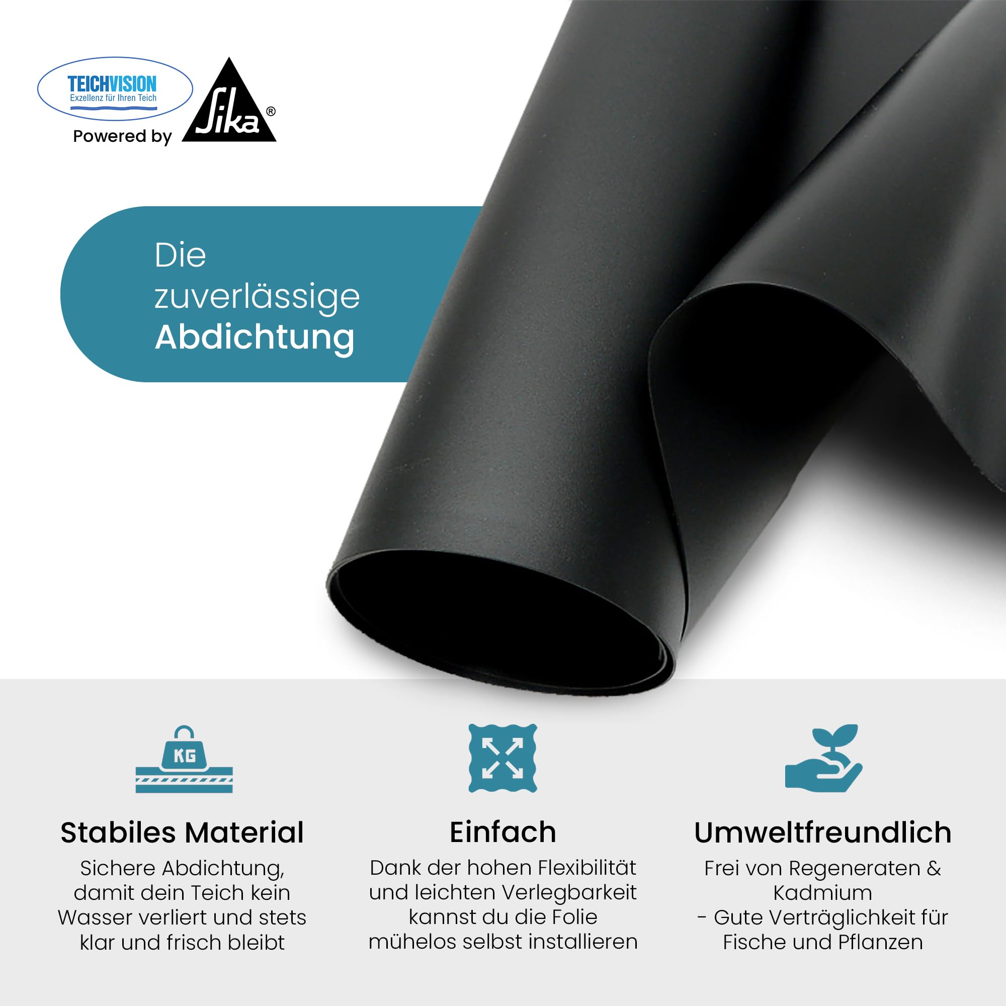 TeichVision PVC Teichfolie schwarz 0,5 mm 8 m x 6 m wasserdicht