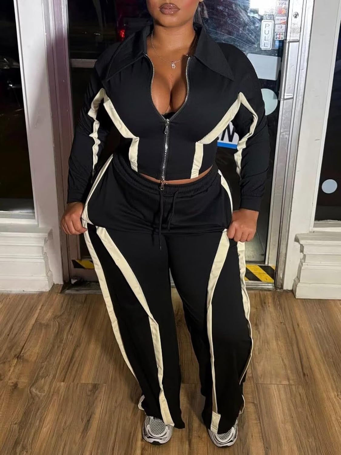 Women Striped 2 Piece Outfits Long Sleeve Zip Up Jacket Top and Wide Leg Pants Set Tracksuits with Pocket - Image 5