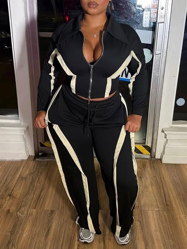 AWASIR Track Suits for Women Set Color Block Two Piece Long Sleeve Cropped Jacket and Wide Leg Pants Set Fall Sweatsuits Black S by AWASIR - Image 5