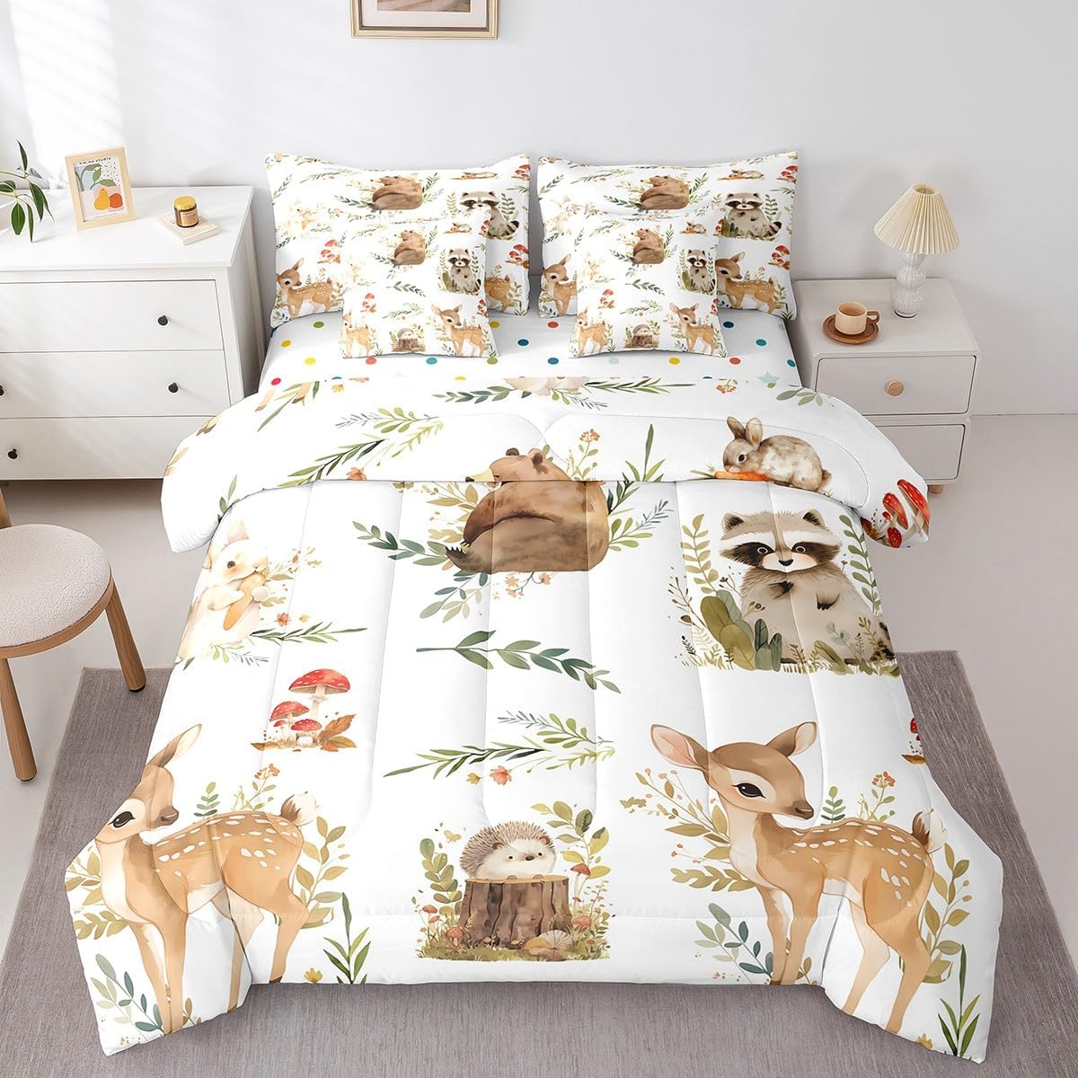 Erosebridal Kids Cute Bear Deer Comforter Set with Sheets Full Size 7 Pieces Woodland Animals Bedding Set Rabbit Hedgehog Raccoon Jungle Animal Bed in A Bag Zoo Animals Bed Sets for Boys Girls