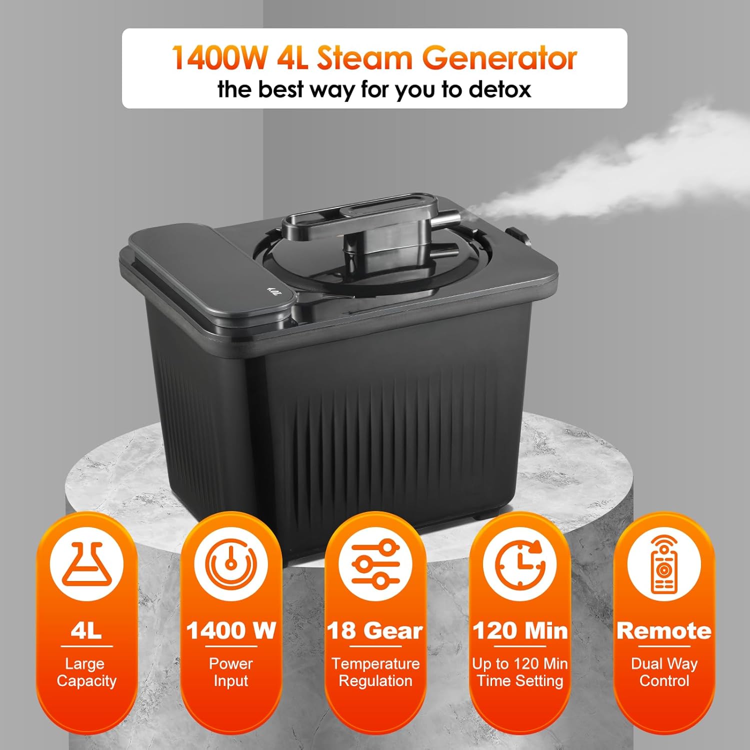 4L Sauna Steamer Machine, Portable Sauna Pot, Stainless Steel Steam Generator for Saunas Home Spa Fumigation Steam Machine for Detox with Remote Control Anti-riot Device (110V, US Plug, Black)