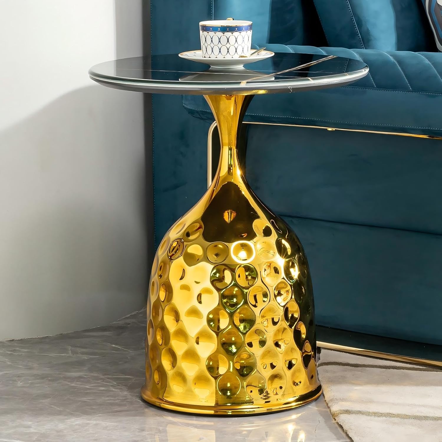Luxury Side Table with Gold-Tone Textured Base,18'' Diameter Round Mirror Top Accent Table,Modern Tempered Glass end Table for Home Office