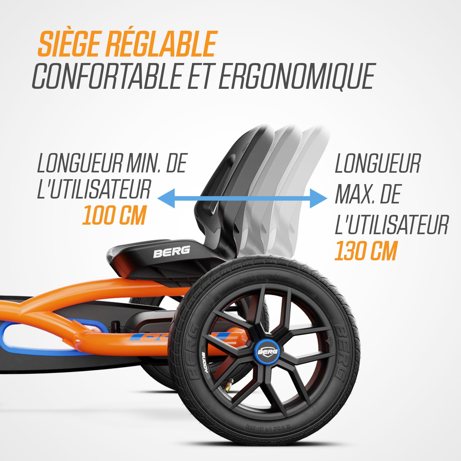 BERG Kart à pédales Buddy B-Orange 3-8 ans cadre robuste selle réglable volant réglable