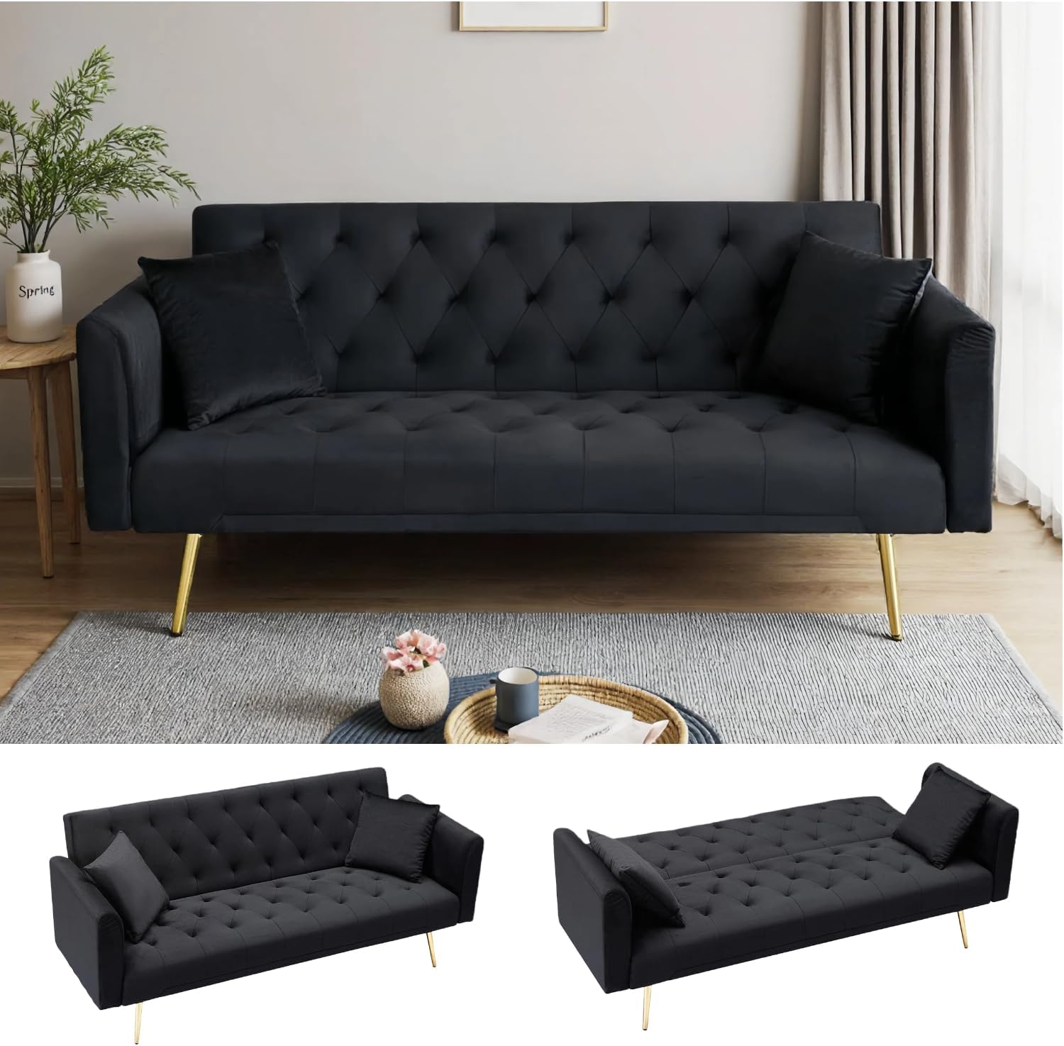 71" Convertible Futon Couch, Tufted Recliner Velvet Loveseat Sofa Bed, Convertible Folding Sleeper Couches with 3 Adjustable Backrests, Metal Legs, 600 lb Capacity | for Bedroom,Apartment,Black