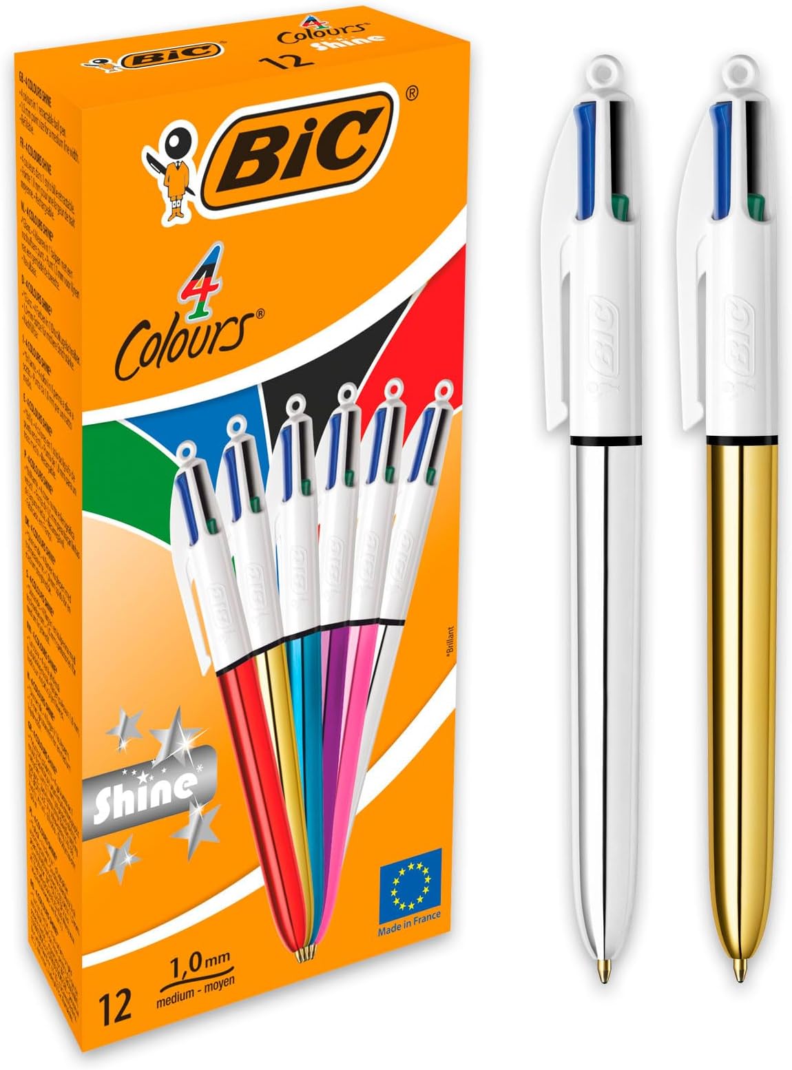 BIC 4 Colours Shine Retractable Ballpoint Pens, Medium Point (1.0 mm) - Assorted Metallic Barrels, Box of 12