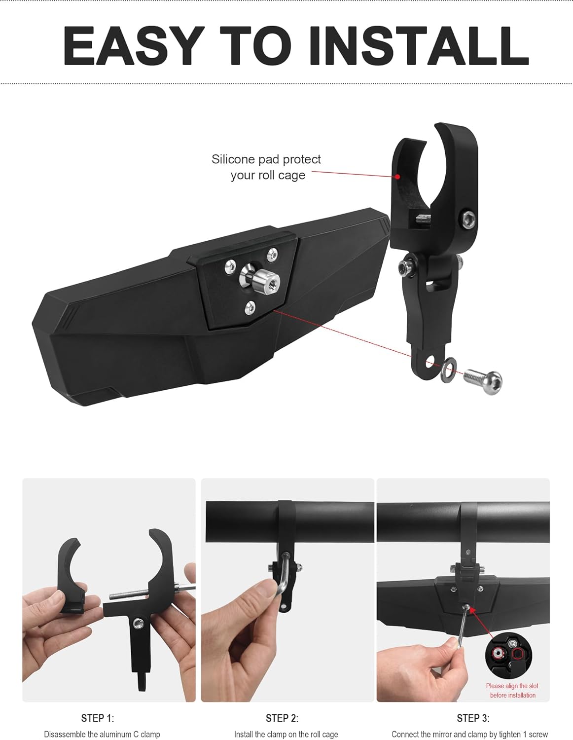 Black UTV Rear View Mirror, Adjustable Center Rearview Mirror with Aluminum Clamp Fit for Roll Bar, Compatible with Polaris RZR, Pioneer, Talon, Can Am X3, Kawasaki, CFMOTO