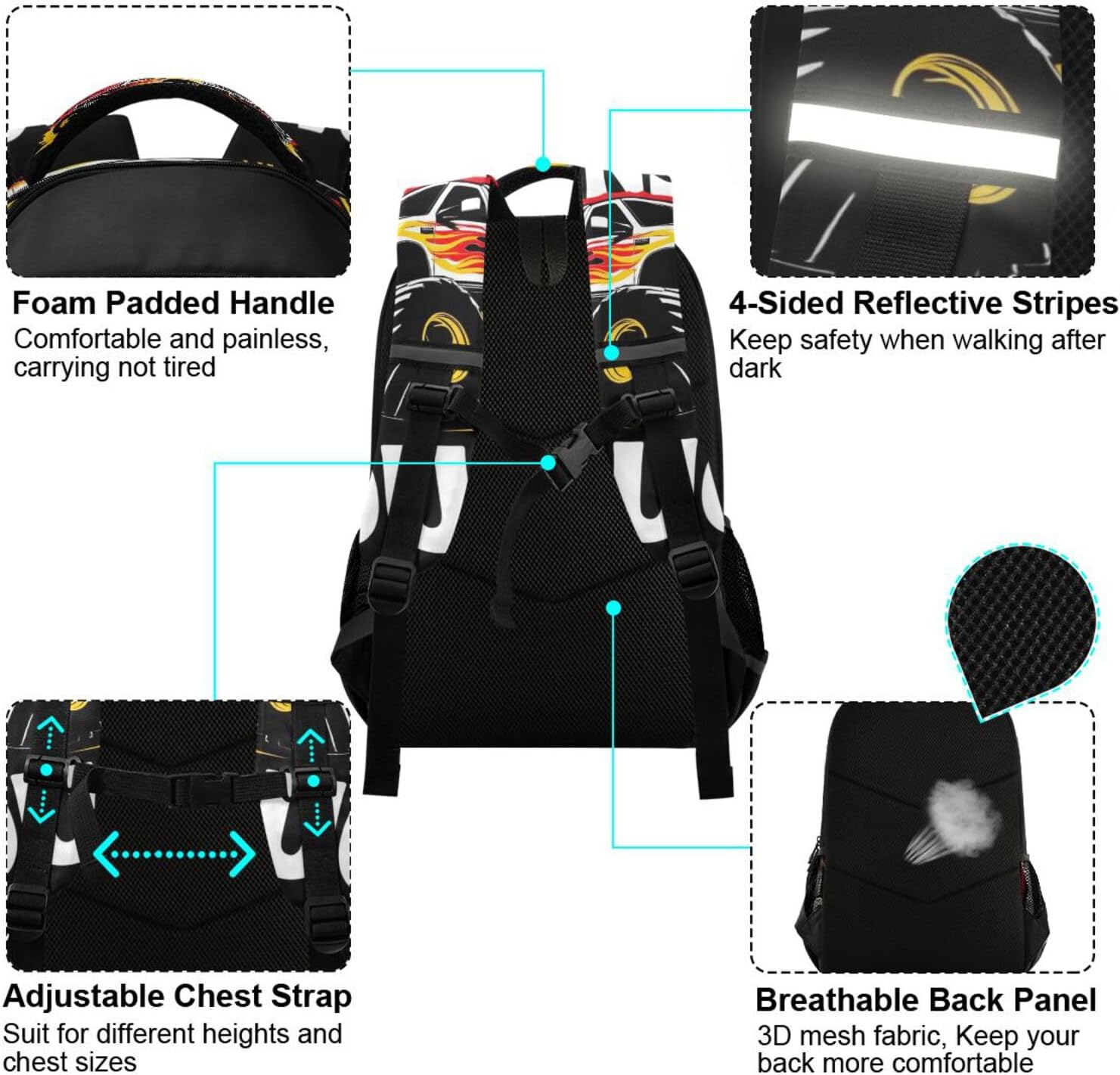 Caikeny Monster Truck Kids Backpack Daypack College School Shoulder Bag Travel Laptop Backpack Book Bag for Kids