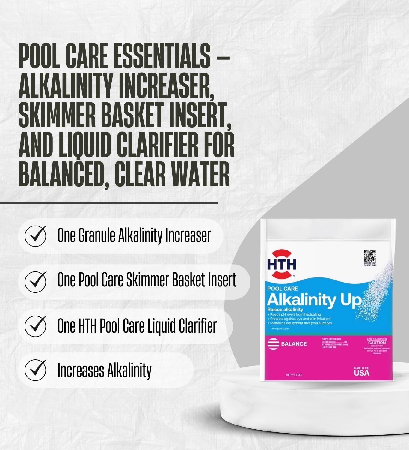 HTH Pool Care Granule Alkalinity Up Increaser 5lb + Skimmer Basket Insert + Liquid Clarifier 32oz Bundle with Cleaning Gloves – Pool Water Balancing, Clarity, and Skimmer Solutions– Gift Set (4 Items)
